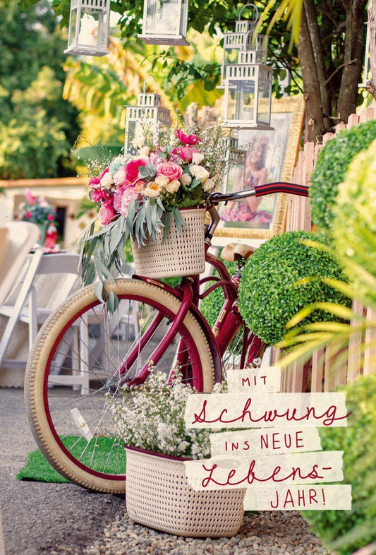 Geburtstagspostkarte mit Blumenmotiv, Fahrrad und Laternen aus nachhaltigem Zuckerrohrpapier
