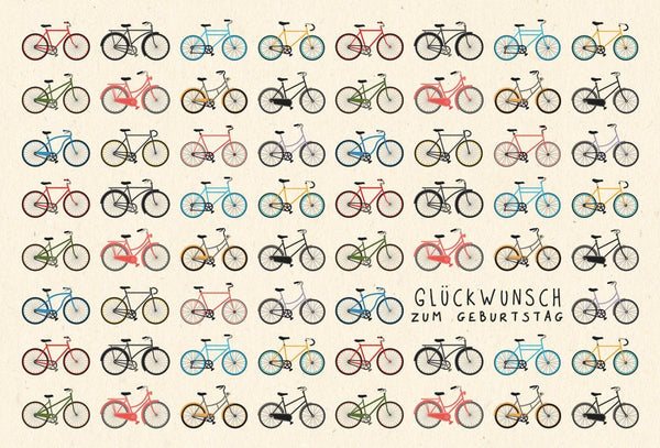 Geburtstagspostkarte mit bunten Fahrrädern aus nachhaltigem Zuckerrohrpapier