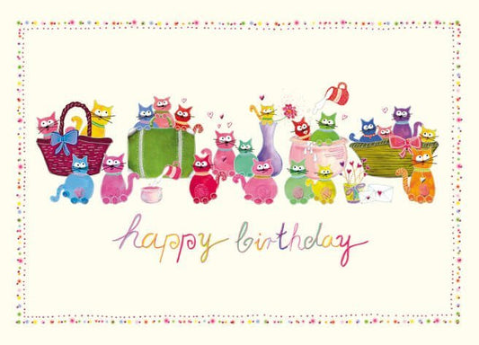 Geburtstagspostkarte mit bunten Katzen - Illustrationen – Lustiges Tier - Cartoon Design für Kinder & Erwachsene, Niedliche Kätzchen in Körben als Partygeschenk