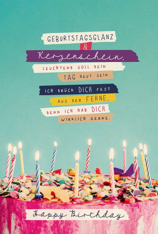 Geburtstagspostkarte mit bunten Kerzen auf Torte, aus Zuckerrohrpapier