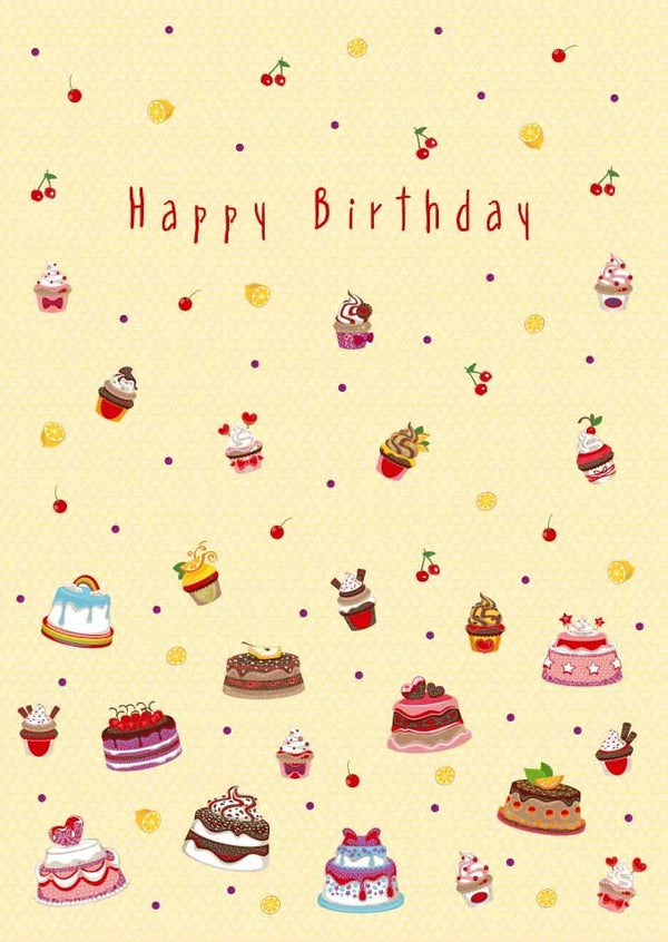 Geburtstagspostkarte mit Folienprägung – Party-Konfetti, Kuchen & Cupcakes Design in Gelb