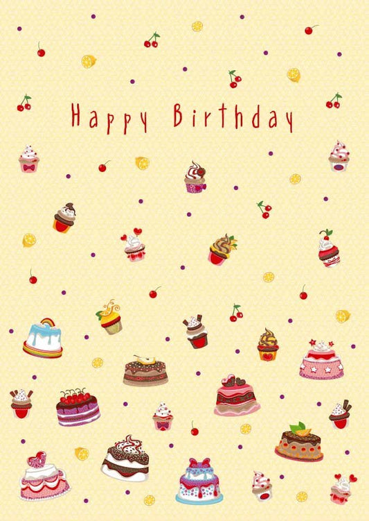 Geburtstagspostkarte mit Folienprägung – Party - Konfetti, Kuchen & Cupcakes Design in Gelb