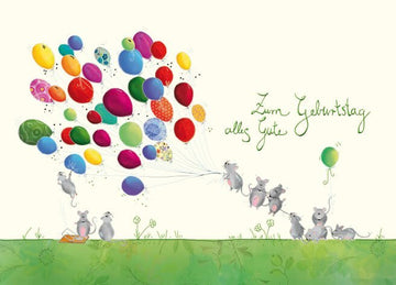 Geburtstagspostkarte mit Mäusen und Luftballons - Fröhliche Grüße zum Feiern