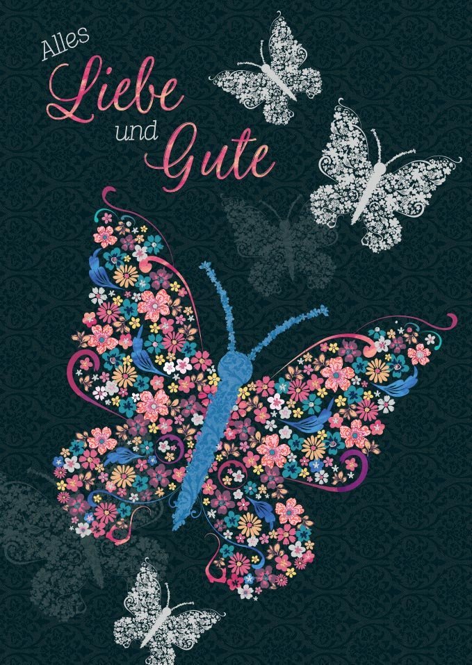 Geburtstagspostkarte mit Schmetterlingen und Blumen – Farbenfrohes Vintage - Design voller Freude und Herzlichkeit