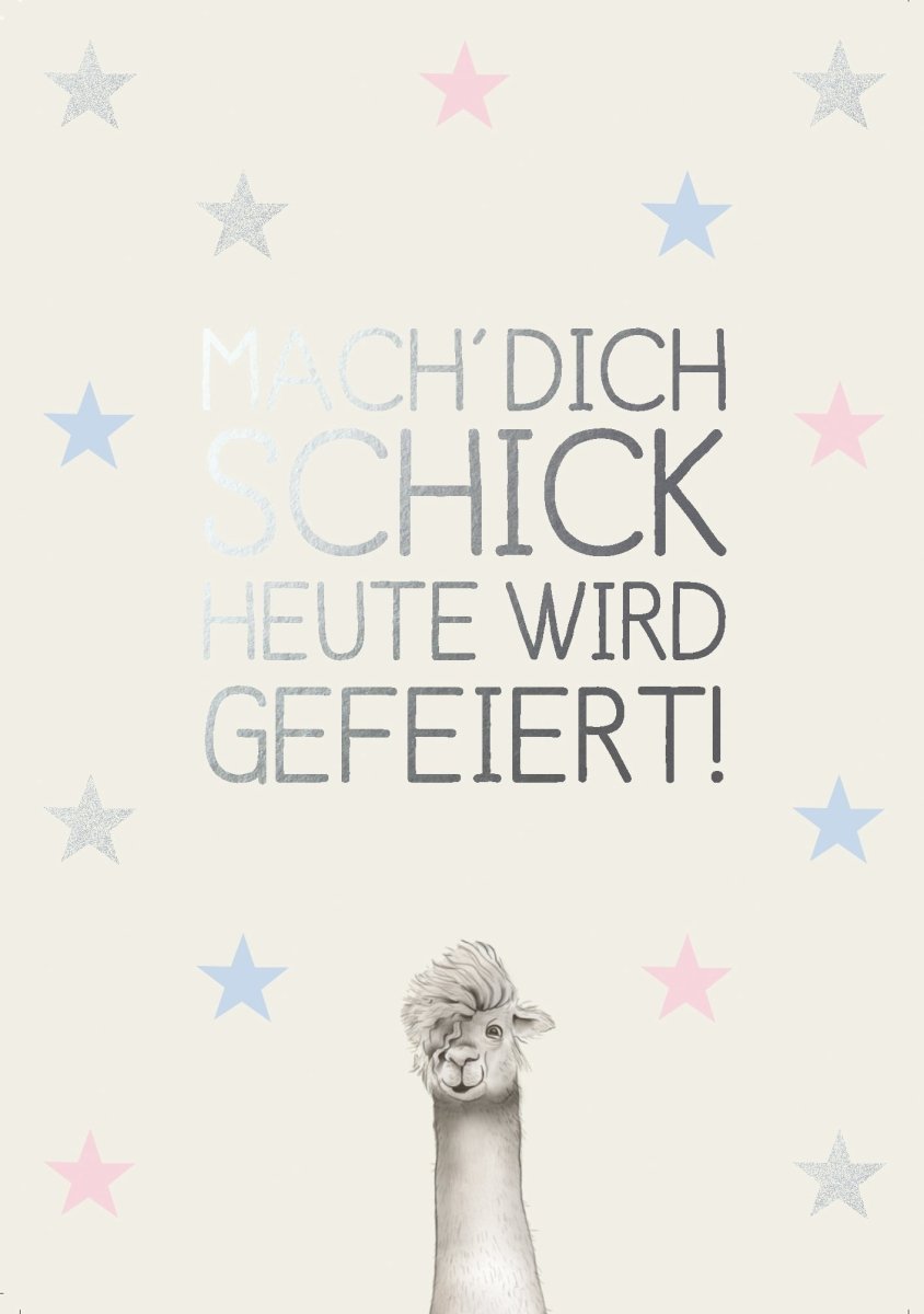 Geburtstagspostkarte mit Spruch: Mach' Dich schick - Lama Design für einen besonderen Tag