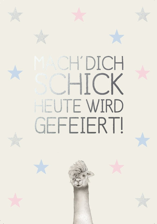 Geburtstagspostkarte mit Spruch: Mach' Dich schick - Lama Design für einen besonderen Tag