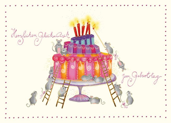 Geburtstagspostkarte mit Torte und Mäusen auf Leiter - Charmante Glückwünsche für den besonderen Tag