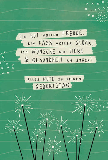 Geburtstagspostkarte mit Wunderkerzen - Design - Retro - Schrift auf Zuckerrohrpapier, grüne Feuerwerksgrüße
