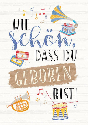 Geburtstagspostkarte Musikinstrumente - Trompete, Schlagzeug & Grammophon Design mit Folienprägung