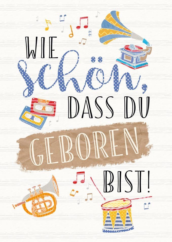 Geburtstagspostkarte Musikinstrumente - Trompete, Schlagzeug & Grammophon Design mit Folienprägung
