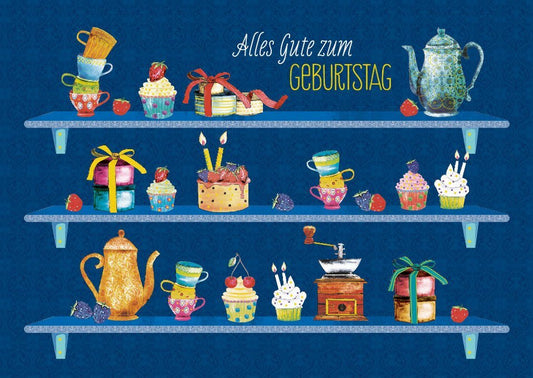 Geburtstagspostkarte Regalbretter - Fröhliche Grüße zum Ehrentag