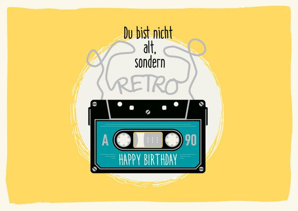Geburtstagspostkarte Retro Kassettendesign mit witzigem Spruch für Musikliebhaber und Nostalgiefans