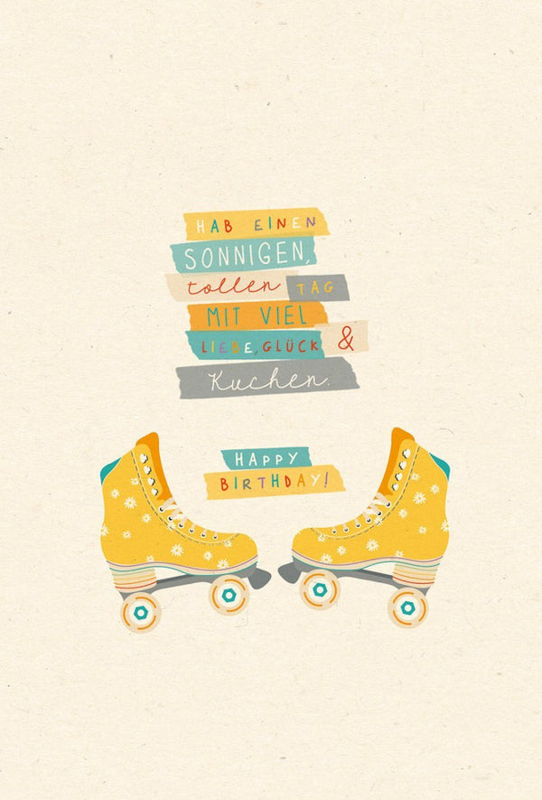 Geburtstagspostkarte Rollschuhe aus nachhaltigem Zuckerrohrpapier