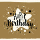 Geburtstagspostkarte: Stilvolle Karte mit Happy Birthday Schriftzug auf braunem Hintergrund, ideal für Erwachsene und Jugendliche, verziert mit Sternen und Punkten.