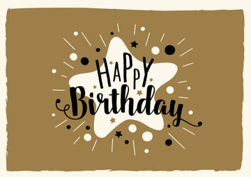 Geburtstagspostkarte: Stilvolle Karte mit Happy Birthday Schriftzug auf braunem Hintergrund, ideal für Erwachsene und Jugendliche, verziert mit Sternen und Punkten.