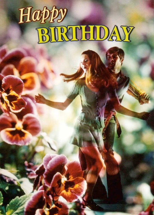 Geburtstagspostkarte: Tanzendes Paar feiert fröhlich - Happy Birthday