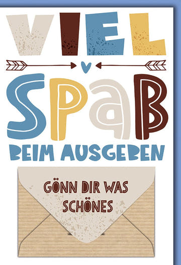 Geldgeschenkkarte Viel Spaß – Bunte Typografie mit Umschlag und humorvollem Spruch
