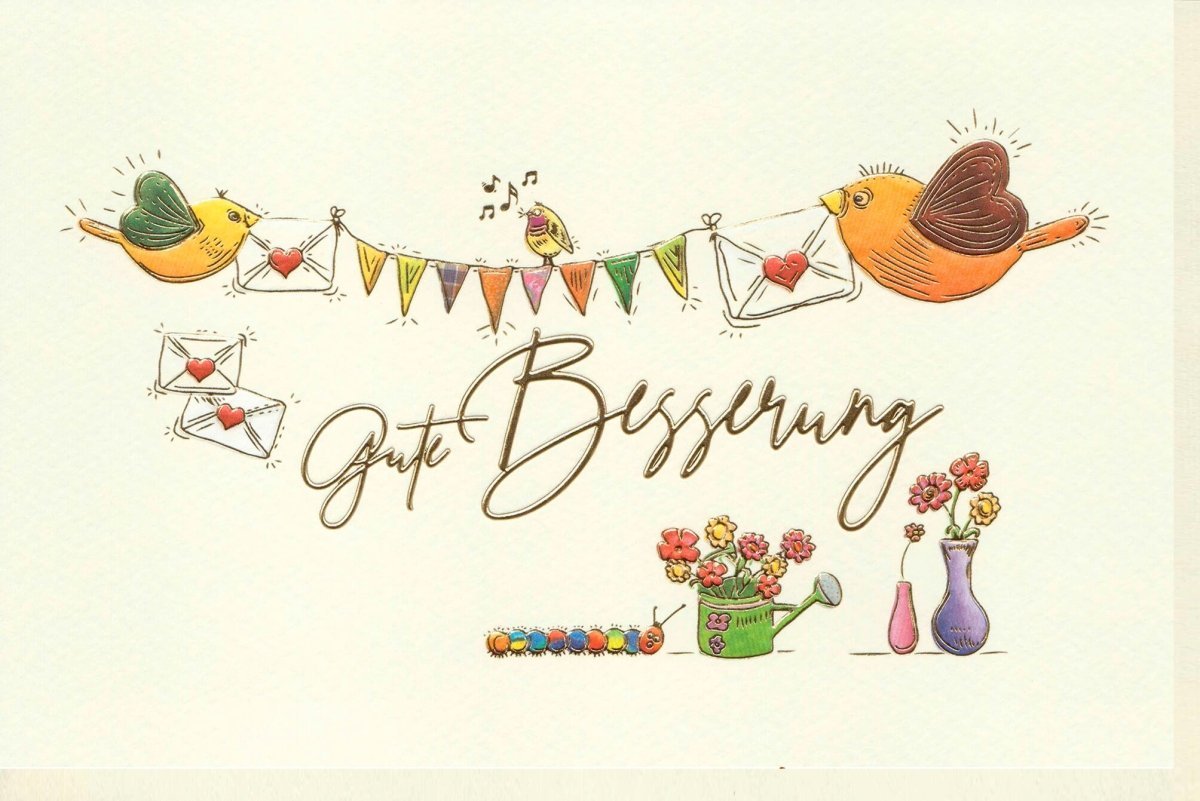 Genesungskarte: Aufmunternde Grüße mit Vogel & Blumen für schnelle Erholung - Wimpelkette Design