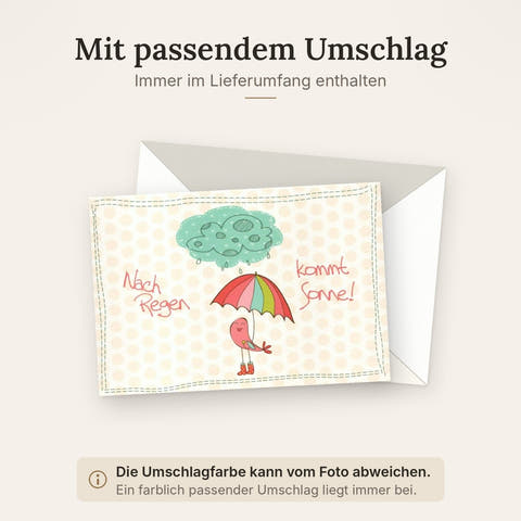 Genesungskarte: Aufmunternde Regenbogen-Illustration mit Sonnenschein, Regenschirm und tröstender Cartoon-Wolke im Punktmuster-Rand