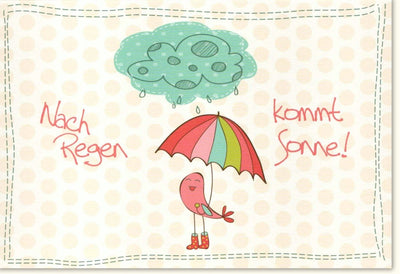 Genesungskarte: Aufmunternde Regenbogen-Illustration mit Sonnenschein, Regenschirm und tröstender Cartoon-Wolke im Punktmuster-Rand