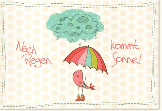 Genesungskarte: Aufmunternde Regenbogen - Illustration mit Sonnenschein, Regenschirm und tröstender Cartoon - Wolke im Punktmuster - Rand