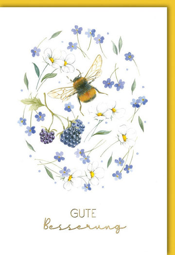 Genesungskarte "Blühende Erholung" - Aufmunternde Blumenmotive, Naturkarton & Folienprägung in Gelb für Erwachsene und Senioren