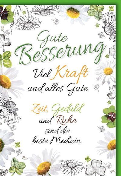 Genesungskarte Blumenmotiv – Margeriten und Kleeblätter mit motivierendem Spruch