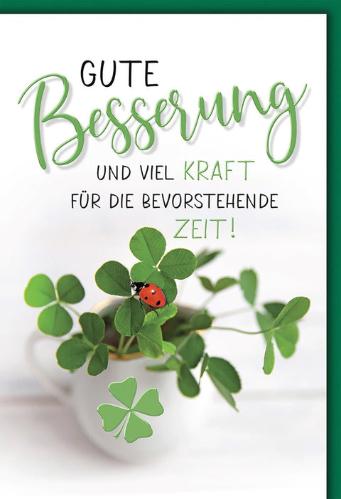 Genesungskarte Gute Besserung – Kleeblatt mit Marienkäfer und motivierendem Spruch