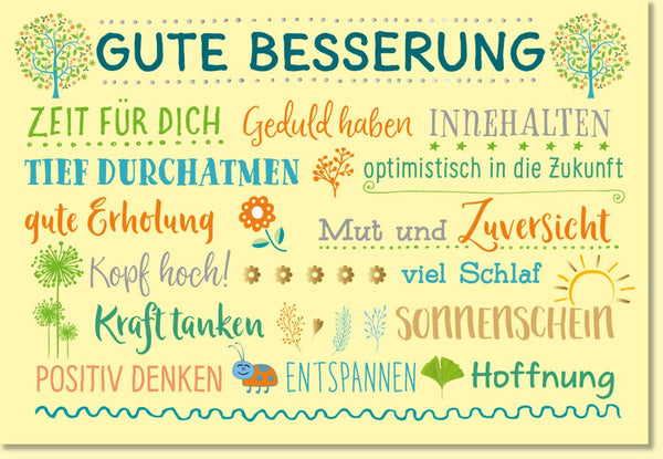 Genesungskarte Gute Besserung mit Mut und Zuversicht farbenfrohe Doppelkarte mit positiven Sprüchen und Naturmotiven für mehr Hoffnung
