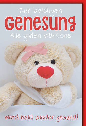 Genesungskarte Kinder – Plüschbär mit Pflaster und Herz in Rot und Weiß