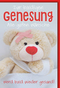 Genesungskarte Kinder – Plüschbär mit Pflaster und Herz in Rot und Weiß