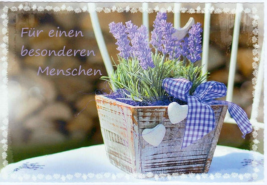 Genesungskarte Lavendel im Topf mit Herzanhängern und Schleife liebevoll gestaltet für einen besonderen Menschen hochwertige Doppelkarte