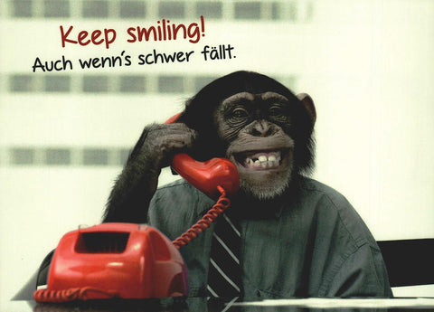 Genesungskarte lustig Affe am Telefon Keep Smiling witzige Postkarte für Aufmunterung und gute Besserung Geschenkidee