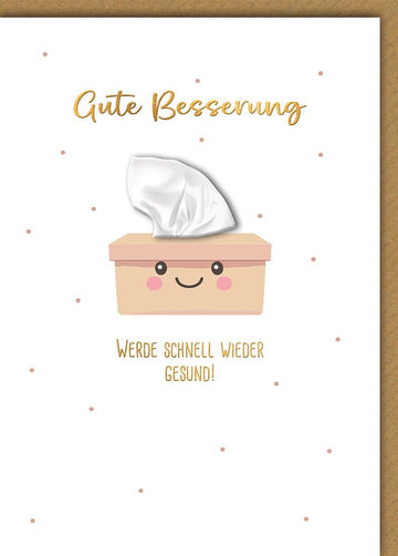 Genesungskarte Lustig – Taschentuchbox mit Lächeln und verspieltem Punktmuster