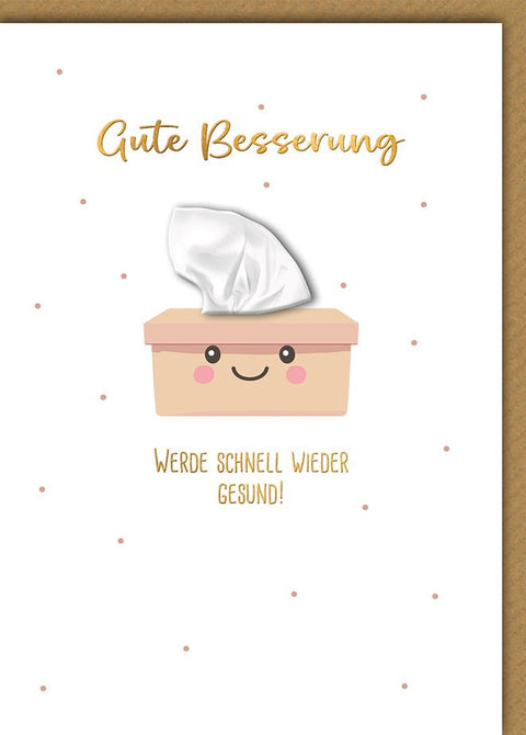 Genesungskarte Lustig – Taschentuchbox mit Lächeln und verspieltem Punktmuster