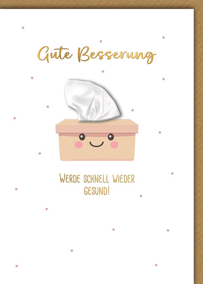 Genesungskarte Lustig – Taschentuchbox mit Lächeln und verspieltem Punktmuster