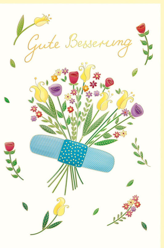 Genesungskarte mit Blumenmotiv & Pflaster - Aufmunternde Grußkarte zur schnellen Erholung für Freunde und Familie in Gelb & Blau