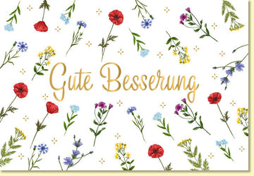 Genesungskarte mit Blumenmotiv und Schriftzug Gute Besserung farbenfrohe Doppelkarte für schnelle Genesung und herzliche Genesungswünsche