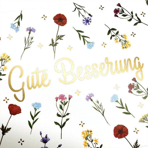 Genesungskarte mit Blumenmotiv und Schriftzug Gute Besserung farbenfrohe Doppelkarte für schnelle Genesung und herzliche Genesungswünsche