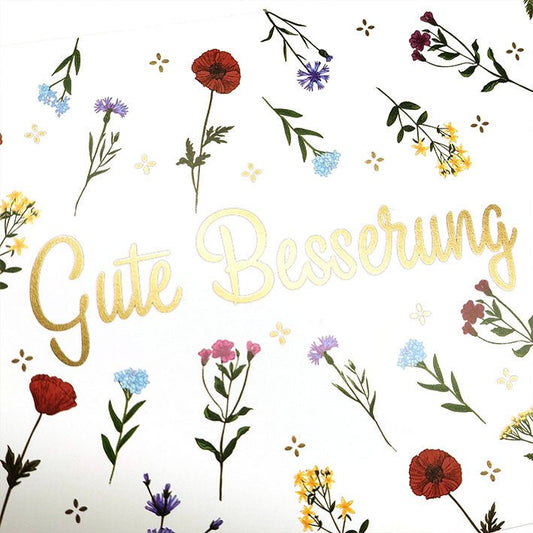 Genesungskarte mit Blumenmotiv und Schriftzug Gute Besserung farbenfrohe Doppelkarte für schnelle Genesung und herzliche Genesungswünsche