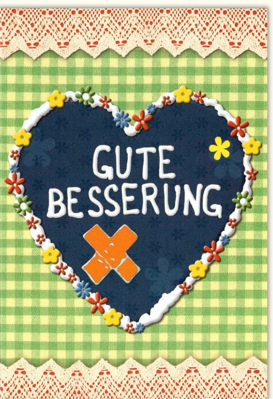 Genesungskarte mit Herzmotiv & Pflaster - Aufmunternde Wünsche im Karo - und Blumenstil für Hoffnung und Trost