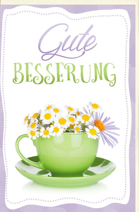 Genesungskarte mit Kamille & Tasse - Aufmunternde Besserungswünsche für Gesundheit und Erholung bei Krankheit