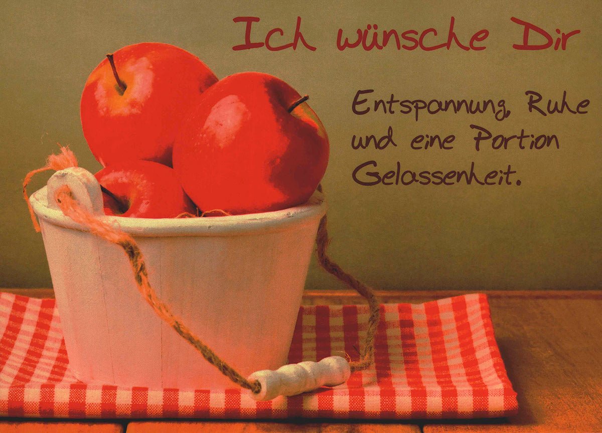 Genesungskarte mit Lebensweisheit Entspannung Ruhe Gelassenheit Postkarte für gute Besserung inspirierende Grüße Apfelkorb Motiv