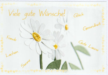 Genesungskarte mit Margeriten und vielen guten Wünschen für Gesundheit Glück Freude Sonne Lachen und gute Laune liebevoll gestaltet
