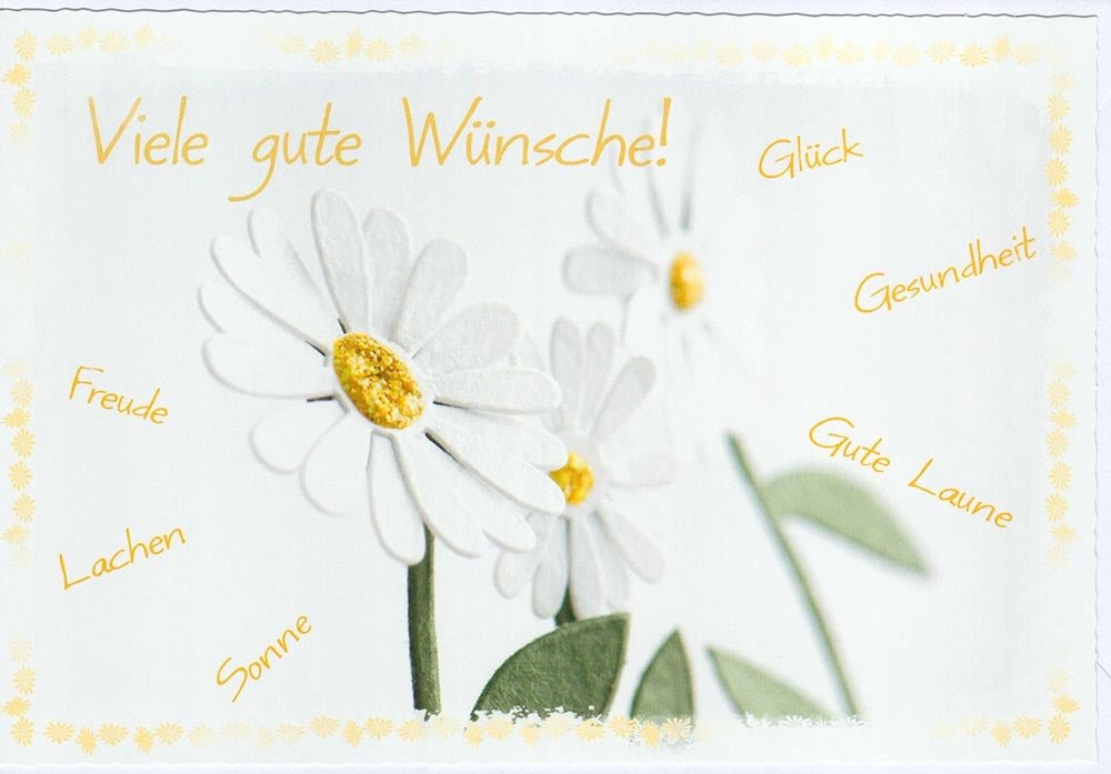 Genesungskarte mit Margeriten und vielen guten Wünschen für Gesundheit Glück Freude Sonne Lachen und gute Laune liebevoll gestaltet