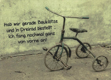 Genesungskarte mit Spruch für Neuanfang Vintage Dreirad Motiv lustige Postkarte Mutmacher Aufmunterung Genesungswünsche