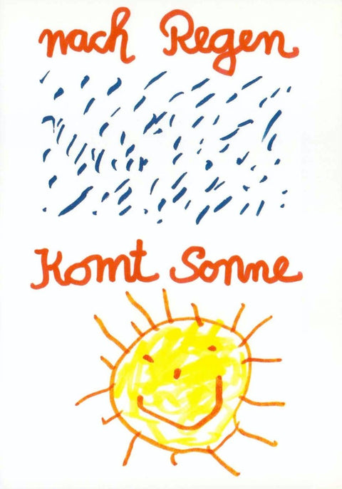 Genesungskarte nach Regen kommt Sonne handgezeichnete Postkarte mit Spruch und fröhlicher Sonne für Aufmunterung und gute Besserung