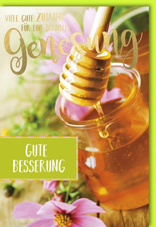 Genesungskarte: Natürliche Kraftspender mit Honig und Blumendekor für eine schnelle Erholung und Wohlfühlmomente