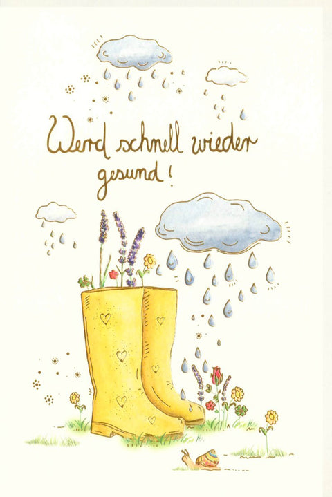 Genesungskarte "Regenwetter - Erholung": Hoffnung & Blumen mit Schneckenillustration - Aufmunternde Karte zur Krankheitsüberwindung
