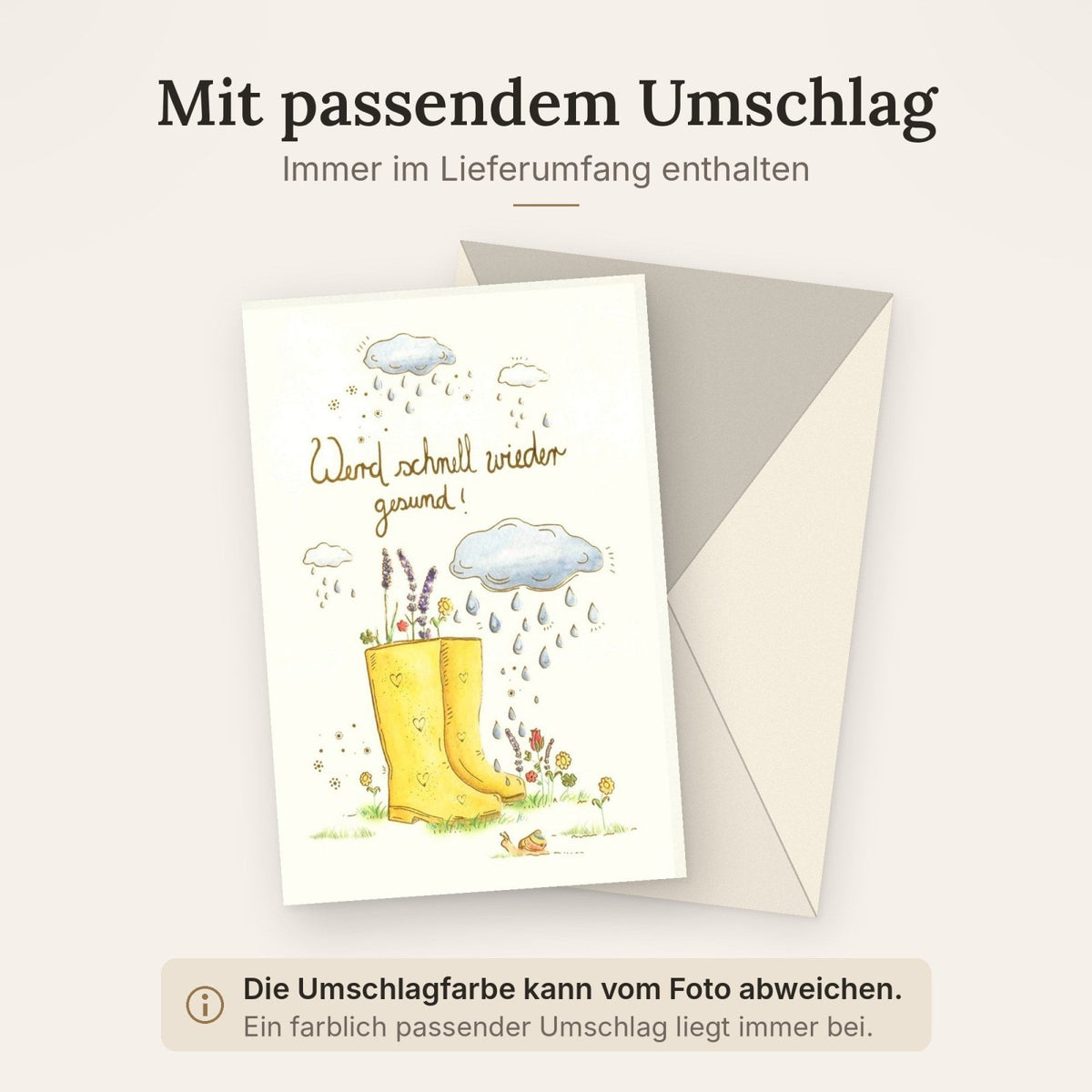 Genesungskarte "Regenwetter-Erholung": Hoffnung & Blumen mit Schneckenillustration - Aufmunternde Karte zur Krankheitsüberwindung